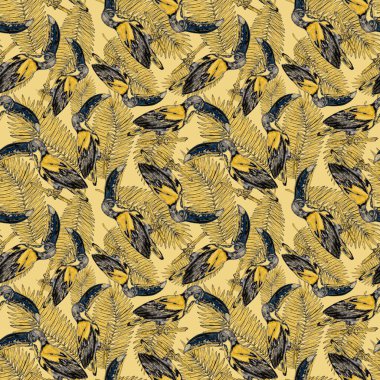 Tukanla dikişsiz suluboya desen. Tropik kuşlu ve yapraklı egzotik botanik orman duvar kağıdı. Parlak yaz şablonu geçmişi.