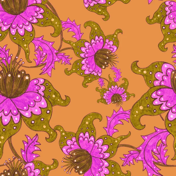 Suluboya desensiz, folky çiçekli ve yapraklı, etnik tarzda. Çiçek süsleme. Geleneksel şal deseni. Tekstil tasarım dokusu. Kabilesel etnik klasik dikişsiz model..