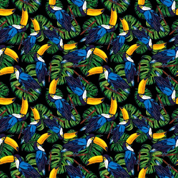 Akvarell Sömlöst Mönster Med Toucan Exotiska Botaniska Djungel Tapeter Med — Stockfoto