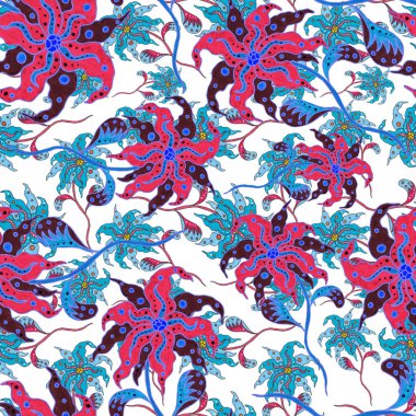 Suluboya desensiz, folky çiçekli ve yapraklı, etnik tarzda. Çiçek süsleme. Geleneksel şal deseni. Tekstil tasarım dokusu. Kabilesel etnik klasik dikişsiz model..