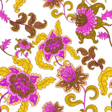 Suluboya desensiz, folky çiçekli ve yapraklı, etnik tarzda. Çiçek süsleme. Geleneksel şal deseni. Tekstil tasarım dokusu. Kabilesel etnik klasik dikişsiz model..