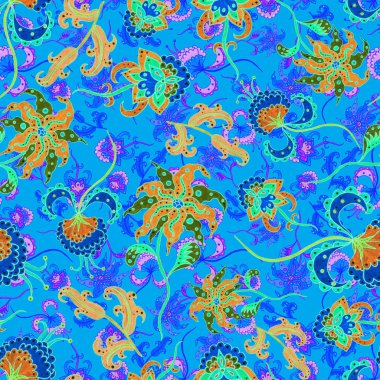 Suluboya desensiz, folky çiçekli ve yapraklı, etnik tarzda. Çiçek süsleme. Geleneksel şal deseni. Tekstil tasarım dokusu. Kabilesel etnik klasik dikişsiz model..