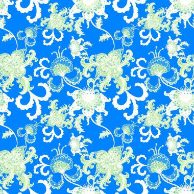 Suluboya desensiz, folky çiçekli ve yapraklı, etnik tarzda. Çiçek süsleme. Geleneksel şal deseni. Tekstil tasarım dokusu. Kabilesel etnik klasik dikişsiz model..