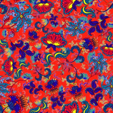 Suluboya desensiz, folky çiçekli ve yapraklı, etnik tarzda. Çiçek süsleme. Geleneksel şal deseni. Tekstil tasarım dokusu. Kabilesel etnik klasik dikişsiz model..