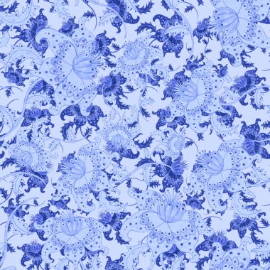 Suluboya desensiz, folky çiçekli ve yapraklı, etnik tarzda. Çiçek süsleme. Geleneksel şal deseni. Tekstil tasarım dokusu. Kabilesel etnik klasik dikişsiz model..