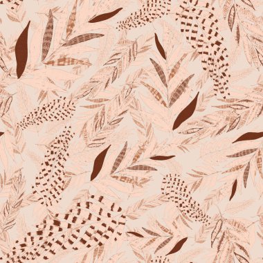 Yaratıcı renkli tropikal yaprakları olan modern, soyut, pürüzsüz desen. Geçmişe dönük parlak yaz geçmişi. Orman yaprakları çizimi. Mayo botanik tasarımı. Antika egzotik baskı.