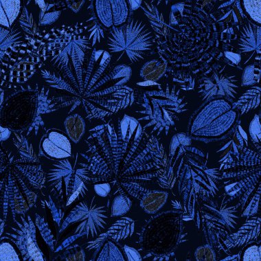 Yaratıcı renkli tropikal yaprakları olan modern, soyut, pürüzsüz desen. Geçmişe dönük parlak yaz geçmişi. Orman yaprakları çizimi. Mayo botanik tasarımı. Antika egzotik baskı.