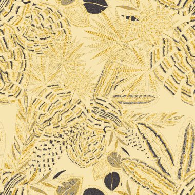 Yaratıcı renkli tropikal yaprakları olan modern, soyut, pürüzsüz desen. Geçmişe dönük parlak yaz geçmişi. Orman yaprakları çizimi. Mayo botanik tasarımı. Antika egzotik baskı.