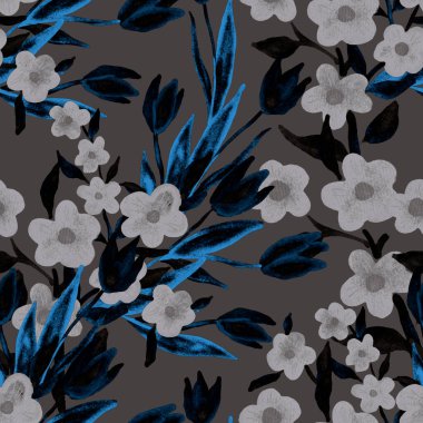 Bahar çiçekleriyle suluboya kusursuz desen. Klasik botanik çizimi. Her türlü tasarım için zarif bir dekorasyon. Renkli ve soyut çiçekli moda baskısı. Suluboya dokusu.