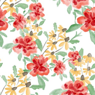 Bahar çiçekleriyle suluboya kusursuz desen. Klasik botanik çizimi. Her türlü tasarım için zarif bir dekorasyon. Renkli ve soyut çiçekli moda baskısı. Suluboya dokusu.