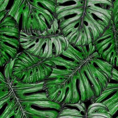 Tropikal yapraklarla suluboya kusursuz desen. Elle çizilmiş egzotik bitkilerle çok güzel bir iz. Mayo botanik tasarımı.
