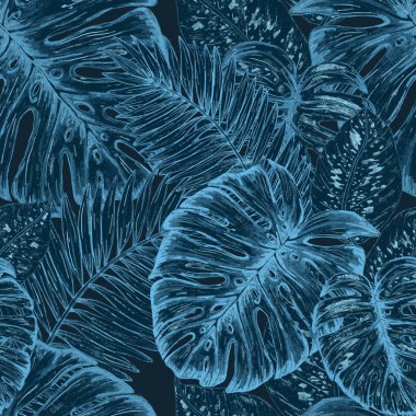 Tropikal yapraklarla suluboya kusursuz desen. Elle çizilmiş egzotik bitkilerle çok güzel bir iz. Mayo botanik tasarımı.