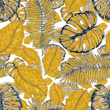 Tropikal yapraklarla suluboya kusursuz desen. Elle çizilmiş egzotik bitkilerle çok güzel bir iz. Mayo botanik tasarımı.