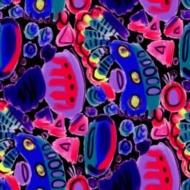 Suluboya, soyut, kusursuz desen. Parlak el yapımı elementlerle yaratıcı doku. Soyut renkli yazdırma.