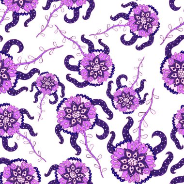 Suluboya desensiz, folky çiçekli ve yapraklı, etnik tarzda. Çiçek süsleme. Geleneksel şal deseni. Tekstil tasarım dokusu. Kabilesel etnik klasik dikişsiz model..