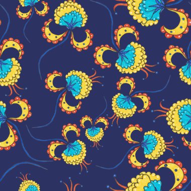 Suluboya desensiz, folky çiçekli ve yapraklı, etnik tarzda. Çiçek süsleme. Geleneksel şal deseni. Tekstil tasarım dokusu. Kabilesel etnik klasik dikişsiz model..