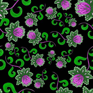 Suluboya desensiz, folky çiçekli ve yapraklı, etnik tarzda. Çiçek süsleme. Geleneksel şal deseni. Tekstil tasarım dokusu. Kabilesel etnik klasik dikişsiz model..