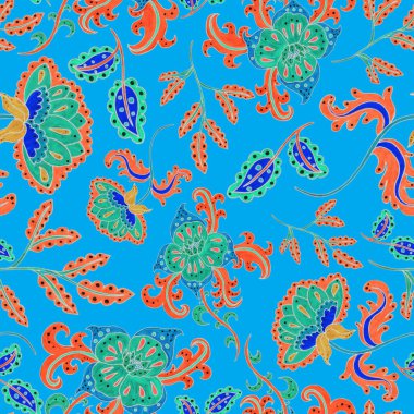 Suluboya desensiz, folky çiçekli ve yapraklı, etnik tarzda. Çiçek süsleme. Geleneksel şal deseni. Tekstil tasarım dokusu. Kabilesel etnik klasik dikişsiz model..