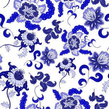 Suluboya desensiz, folky çiçekli ve yapraklı, etnik tarzda. Çiçek süsleme. Geleneksel şal deseni. Tekstil tasarım dokusu. Kabilesel etnik klasik dikişsiz model..