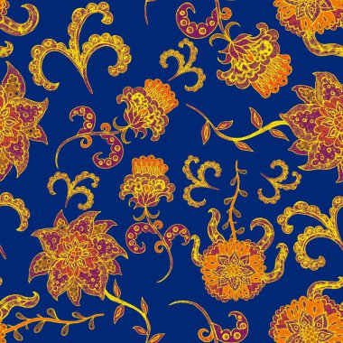 Suluboya desensiz, folky çiçekli ve yapraklı, etnik tarzda. Çiçek süsleme. Geleneksel şal deseni. Tekstil tasarım dokusu. Kabilesel etnik klasik dikişsiz model..