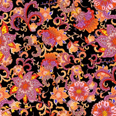 Suluboya desensiz, folky çiçekli ve yapraklı, etnik tarzda. Çiçek süsleme. Geleneksel şal deseni. Tekstil tasarım dokusu. Kabilesel etnik klasik dikişsiz model..