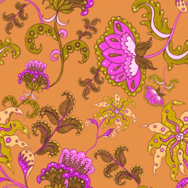 Suluboya desensiz, folky çiçekli ve yapraklı, etnik tarzda. Çiçek süsleme. Geleneksel şal deseni. Tekstil tasarım dokusu. Kabilesel etnik klasik dikişsiz model..