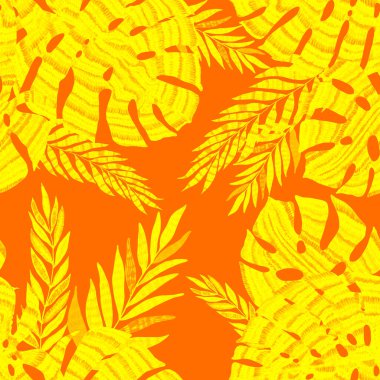 Yaratıcı renkli tropikal yaprakları olan modern, soyut, pürüzsüz desen. Geçmişe dönük parlak yaz geçmişi. Orman yaprakları çizimi. Mayo botanik tasarımı. Antika egzotik baskı.