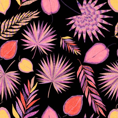 Yaratıcı renkli tropikal yaprakları olan modern, soyut, pürüzsüz desen. Geçmişe dönük parlak yaz geçmişi. Orman yaprakları çizimi. Mayo botanik tasarımı. Antika egzotik baskı.