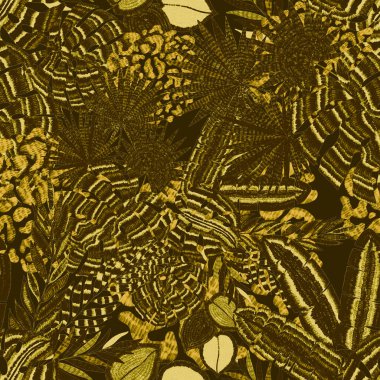 Yaratıcı renkli tropikal yaprakları ve leopar benekleri olan modern soyut ve pürüzsüz desen. Geçmişe dönük parlak yaz geçmişi. Orman yaprakları çizimi. Mayo botanik tasarımı. Antika egzotik baskı.