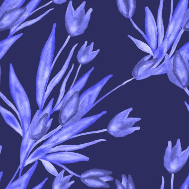 Bahar çiçekleriyle suluboya kusursuz desen. Klasik botanik çizimi. Her türlü tasarım için zarif bir dekorasyon. Renkli ve soyut çiçekli moda baskısı. Suluboya dokusu.