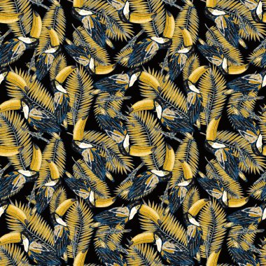 Tukanla dikişsiz suluboya desen. Tropik kuşlu ve yapraklı egzotik botanik orman duvar kağıdı. Parlak yaz şablonu geçmişi.