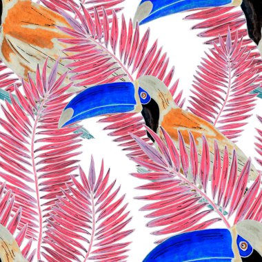 Tukanla dikişsiz suluboya desen. Tropik kuşlu ve yapraklı egzotik botanik orman duvar kağıdı. Parlak yaz şablonu geçmişi.