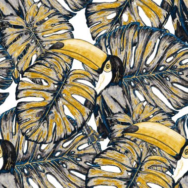 Tukanla dikişsiz suluboya desen. Tropik kuşlu ve yapraklı egzotik botanik orman duvar kağıdı. Parlak yaz şablonu geçmişi.