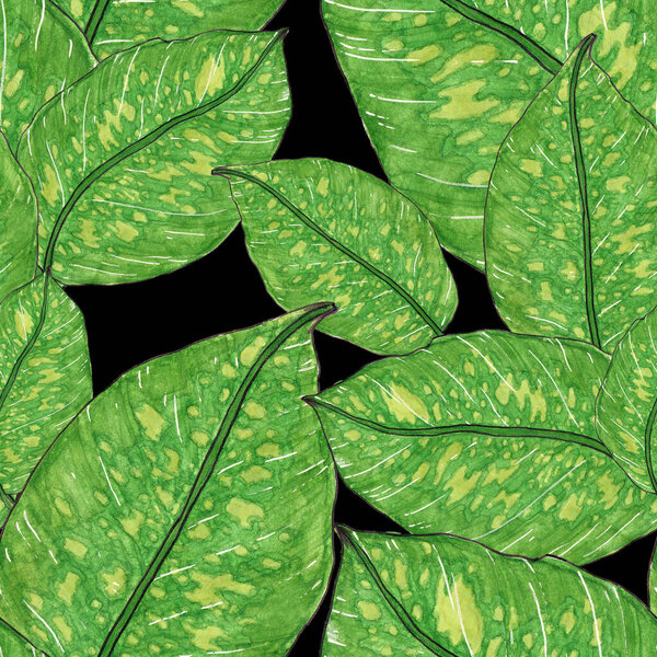 Watercolor seamless pattern with tropical leaves. Beautiful allover print with hand drawn exotic plants. Swimwear botanical design.