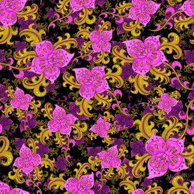 Suluboya desensiz, folky çiçekli ve yapraklı, etnik tarzda. Çiçek süsleme. Geleneksel şal deseni. Tekstil tasarım dokusu. Kabilesel etnik klasik dikişsiz model..