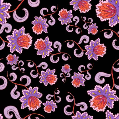 Suluboya desensiz, folky çiçekli ve yapraklı, etnik tarzda. Çiçek süsleme. Geleneksel şal deseni. Tekstil tasarım dokusu. Kabilesel etnik klasik dikişsiz model..