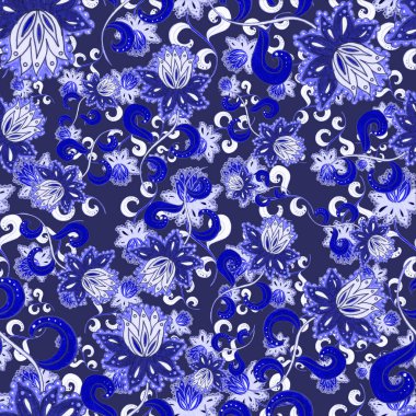 Suluboya desensiz, folky çiçekli ve yapraklı, etnik tarzda. Çiçek süsleme. Geleneksel şal deseni. Tekstil tasarım dokusu. Kabilesel etnik klasik dikişsiz model..