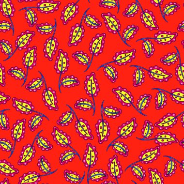 Suluboya desensiz, folky çiçekli ve yapraklı, etnik tarzda. Çiçek süsleme. Geleneksel şal deseni. Tekstil tasarım dokusu. Kabilesel etnik klasik dikişsiz model..