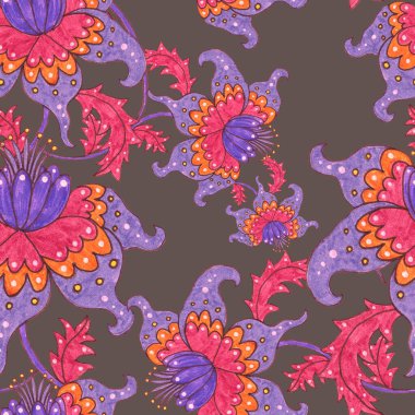 Suluboya desensiz, folky çiçekli ve yapraklı, etnik tarzda. Çiçek süsleme. Geleneksel şal deseni. Tekstil tasarım dokusu. Kabilesel etnik klasik dikişsiz model..