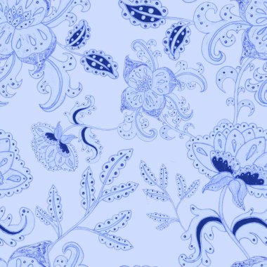 Suluboya desensiz, folky çiçekli ve yapraklı, etnik tarzda. Çiçek süsleme. Geleneksel şal deseni. Tekstil tasarım dokusu. Kabilesel etnik klasik dikişsiz model..