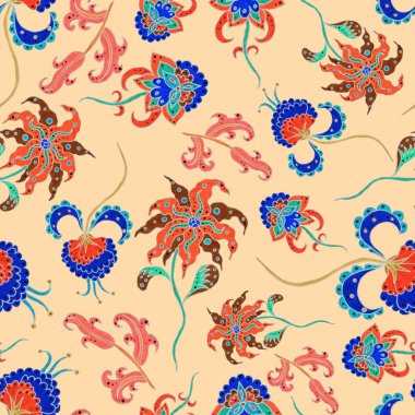 Suluboya desensiz, folky çiçekli ve yapraklı, etnik tarzda. Çiçek süsleme. Geleneksel şal deseni. Tekstil tasarım dokusu. Kabilesel etnik klasik dikişsiz model..