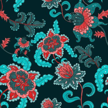 Suluboya desensiz, folky çiçekli ve yapraklı, etnik tarzda. Çiçek süsleme. Geleneksel şal deseni. Tekstil tasarım dokusu. Kabilesel etnik klasik dikişsiz model..