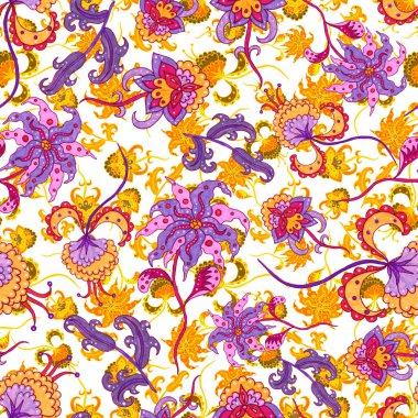 Suluboya desensiz, folky çiçekli ve yapraklı, etnik tarzda. Çiçek süsleme. Geleneksel şal deseni. Tekstil tasarım dokusu. Kabilesel etnik klasik dikişsiz model..