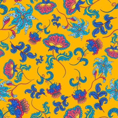 Suluboya desensiz, folky çiçekli ve yapraklı, etnik tarzda. Çiçek süsleme. Geleneksel şal deseni. Tekstil tasarım dokusu. Kabilesel etnik klasik dikişsiz model..