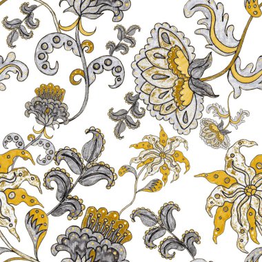 Suluboya desensiz, folky çiçekli ve yapraklı, etnik tarzda. Çiçek süsleme. Geleneksel şal deseni. Tekstil tasarım dokusu. Kabilesel etnik klasik dikişsiz model..