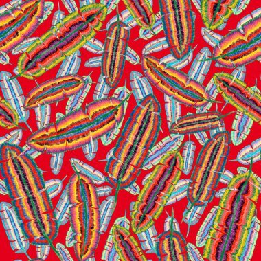 Yaratıcı renkli tropikal yaprakları olan modern, soyut, pürüzsüz desen. Geçmişe dönük parlak yaz geçmişi. Orman yaprakları çizimi. Mayo botanik tasarımı. Antika egzotik baskı.