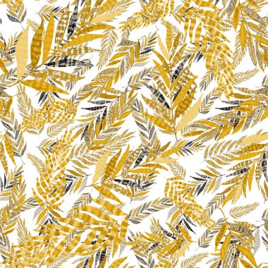 Yaratıcı renkli tropikal yaprakları olan modern, soyut, pürüzsüz desen. Geçmişe dönük parlak yaz geçmişi. Orman yaprakları çizimi. Mayo botanik tasarımı. Antika egzotik baskı.