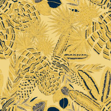 Yaratıcı renkli tropikal yaprakları olan modern, soyut, pürüzsüz desen. Geçmişe dönük parlak yaz geçmişi. Orman yaprakları çizimi. Mayo botanik tasarımı. Antika egzotik baskı.