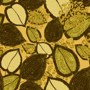 Yaratıcı renkli tropikal yaprakları ve leopar benekleri olan modern soyut ve pürüzsüz desen. Geçmişe dönük parlak yaz geçmişi. Orman yaprakları çizimi. Mayo botanik tasarımı. Antika egzotik baskı.