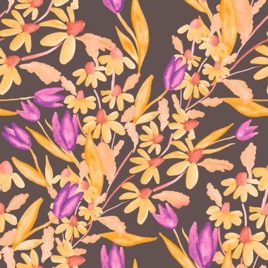Bahar çiçekleriyle suluboya kusursuz desen. Klasik botanik çizimi. Her türlü tasarım için zarif bir dekorasyon. Renkli ve soyut çiçekli moda baskısı. Suluboya dokusu.